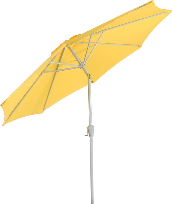 Gele parasol met grijze standaard, open.