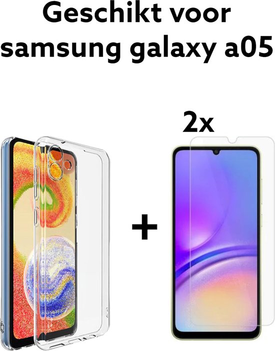 samsung galaxy a05 transparant backcover + 2x screenprotector | samsung galaxy a05 doorzichtig achterkant + 2x tempered glas protectie