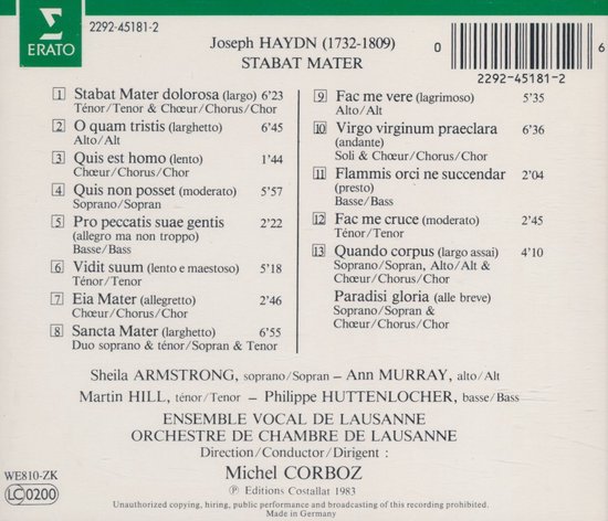 Achterkant van een albumhoes met tracklijst en informatie over "Joseph Haydn (1732-1809) STABAT MATER".