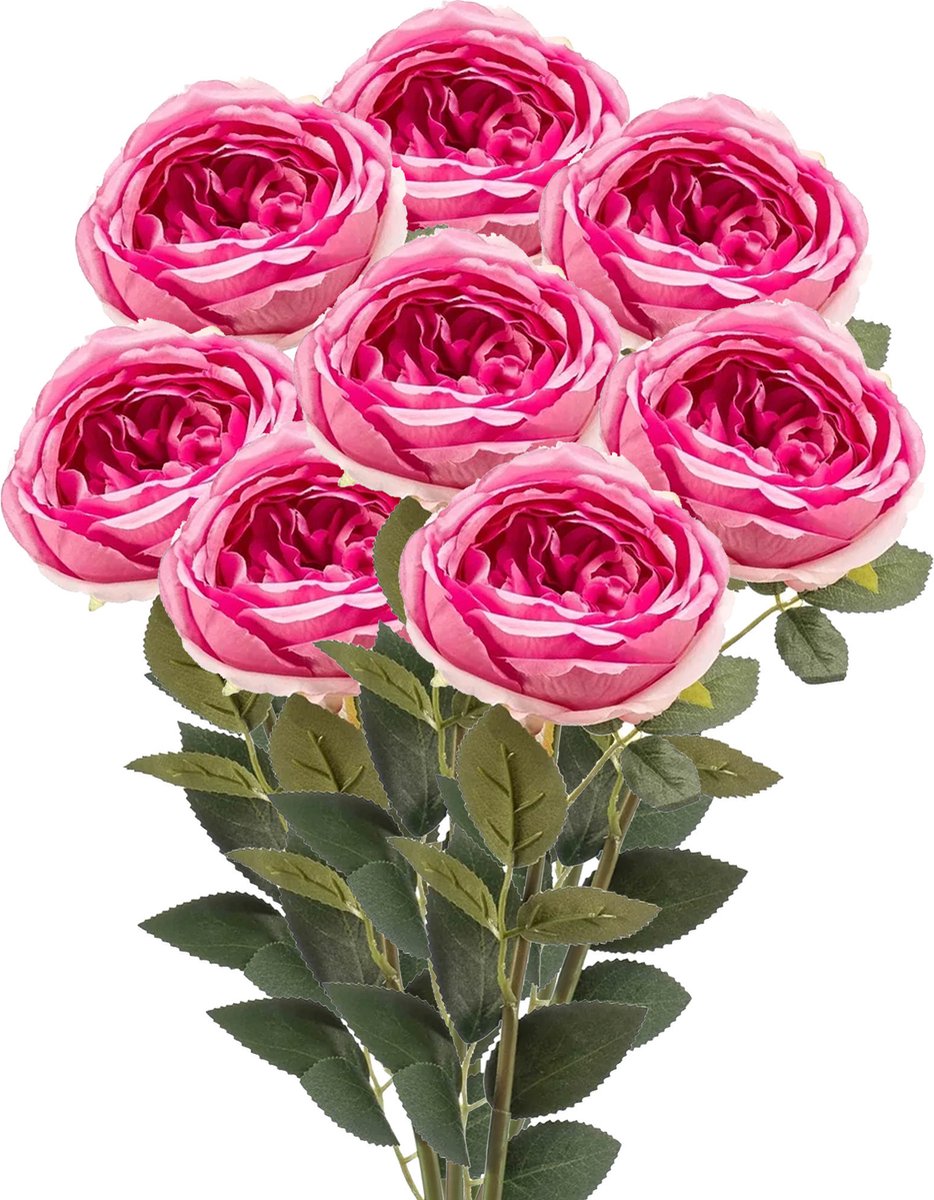 Emerald Kunstbloemen boeket roos Joelle - 8x - fuchsia - 65 cm - decoratie bloemen