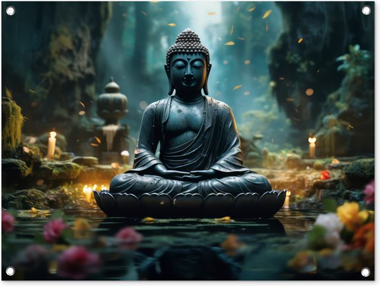 Tuinposter Boeddha - Tuindecoratie Buddha beeld - 80x60 cm - Tuindoek - Muurdecoratie voor buiten - Schuttingposter - Tuinschilderijen Japan zen - Tuinwanddecoratie - Tuinposters