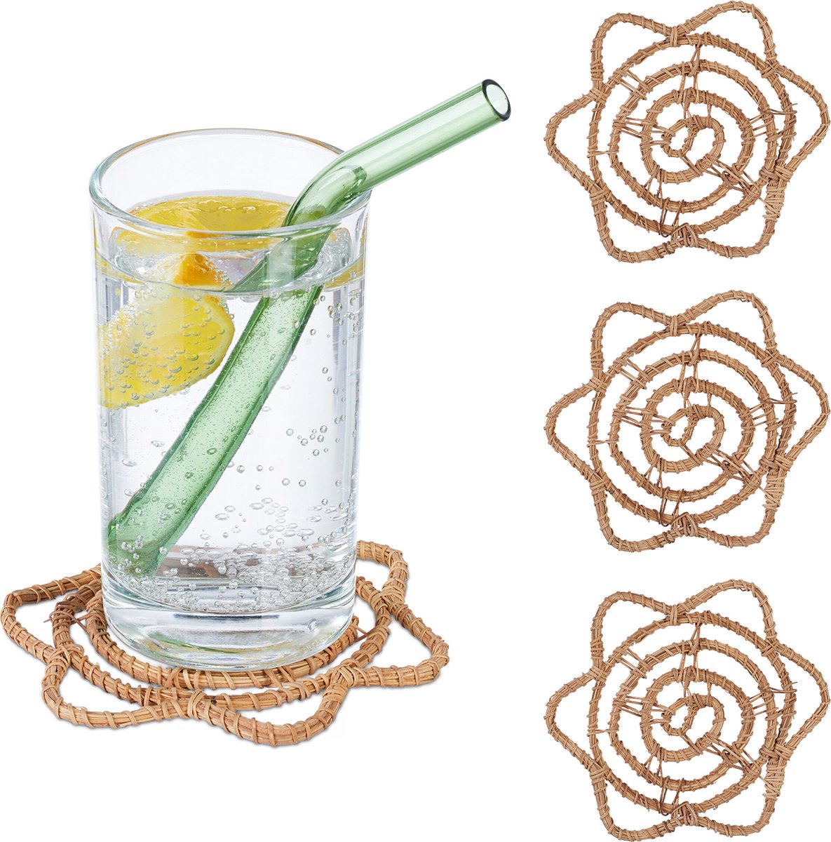 onderzetters - set van 4 - palmblad - boho - voor glazen & kopjes - 10 x 10 cm - natuur