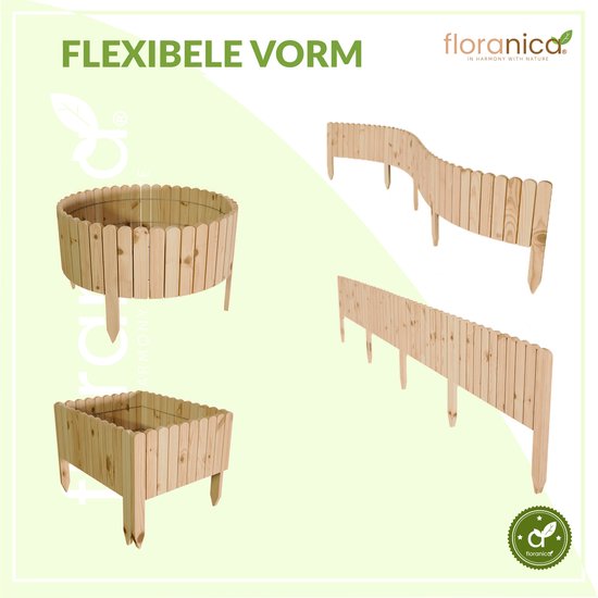 Floranica Rollborder - Flexibele houten - Hoogte: 10 cm, hekje 200 cm - Onbehandeld - Dennenhout Gazonafscheiding - Palissade padenafscheiding - kan worden ingekort - Floranica