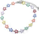 Armband Dames - Gekleurde Bloemen - RVS - Lengte 17-21 cm - Zilverkleurig