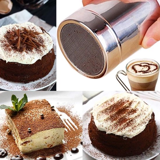Heatigo Pack roestvrijstalen poederstrooier, chocoladestrooier, strooier, schep, koffie- en cacaostrooier met fijnmazig deksel, krachtdoos voor