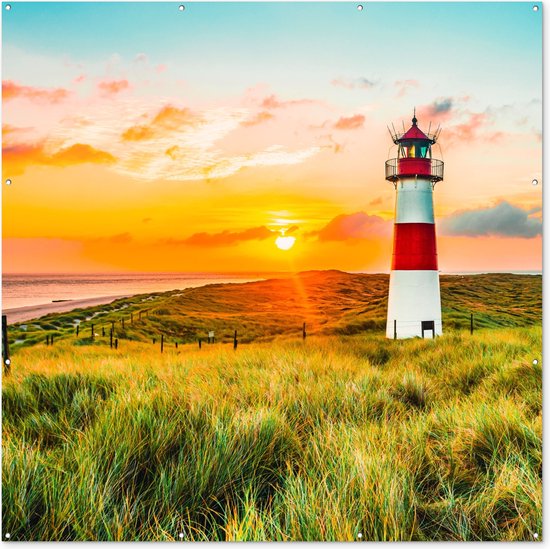 Tuinposter vuurtoren - Tuindecoratie waddenzee duinen - 200x200 cm - Strand en duinen - Poster voor in de tuin - Buiten decoratie van de wadden - Schutting tuinschilderij - Tuindoek muurdecoratie - Wanddecoratie balkondoek