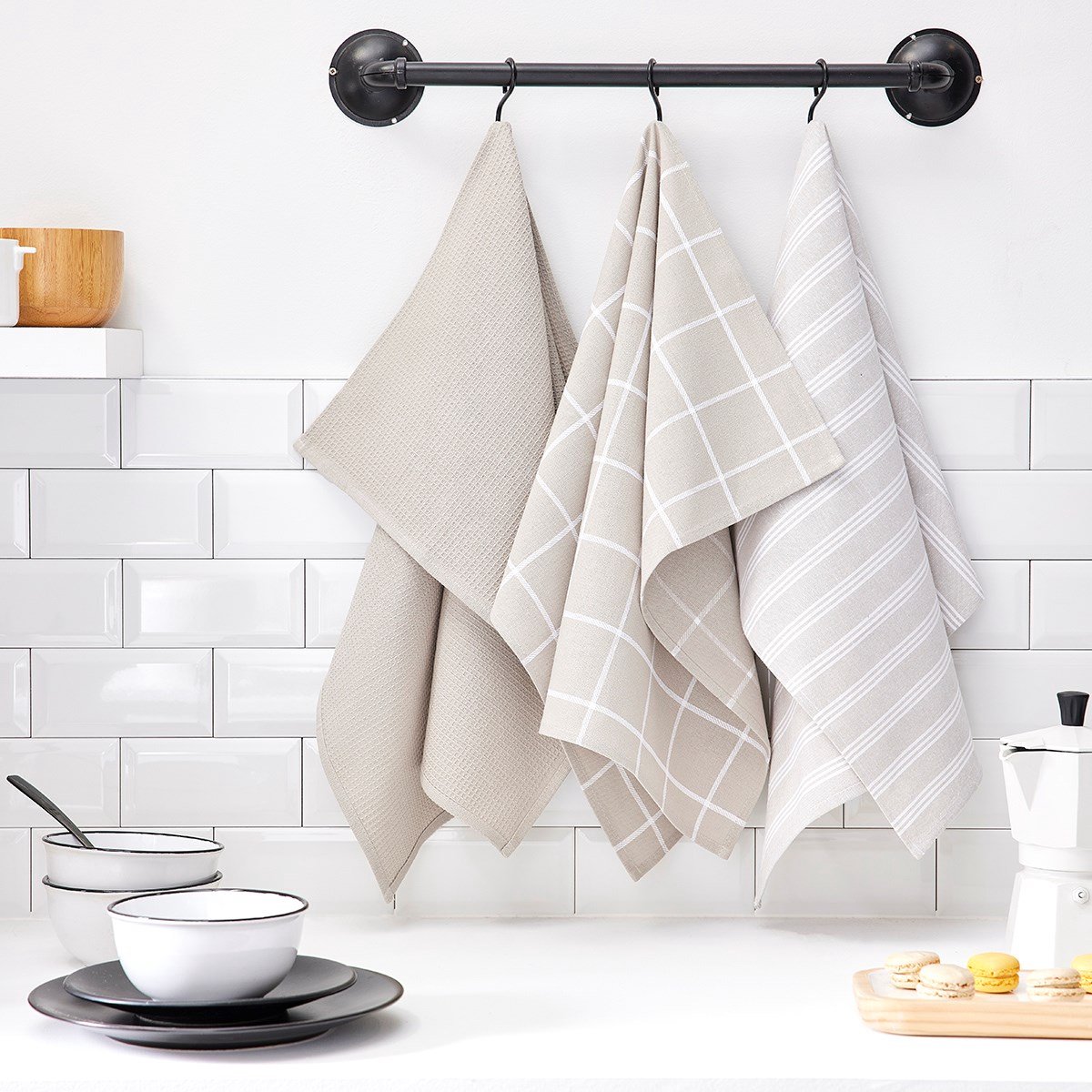 Set van 3 theedoeken met geruit honingraatpatroon Essential - Beige - 50x70 cm