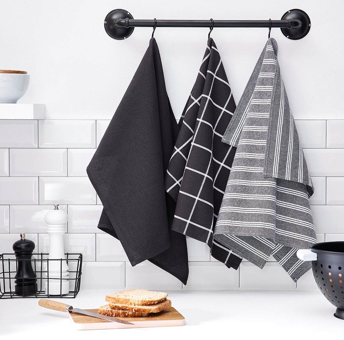 Set van 3 theedoeken met geruit honingraatpatroon Essential - Anthraciegrijs - 50x70 cm