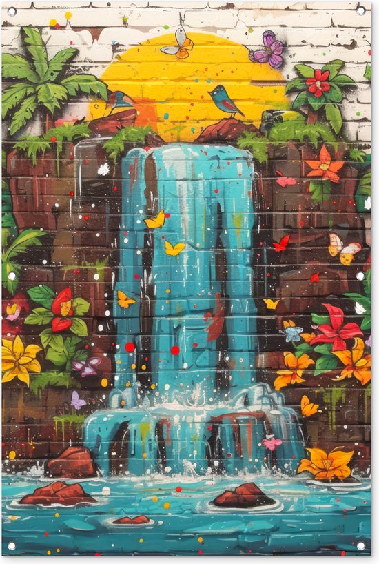 Tuinposter - Tuindoek - Tuinposters buiten - Graffiti - Waterval - Kleurrijk - Bloemen - Street art - 80x120 cm - Tuin..