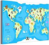 Décoration murale Métal - Peinture Aluminium Industrielle - Wereldkaart - Enfant - Animaux - Blauw - Garçons - Filles - 180x120 cm - Dibond - Photo sur aluminium - Décoration murale industrielle - Pour le salon / chambre
