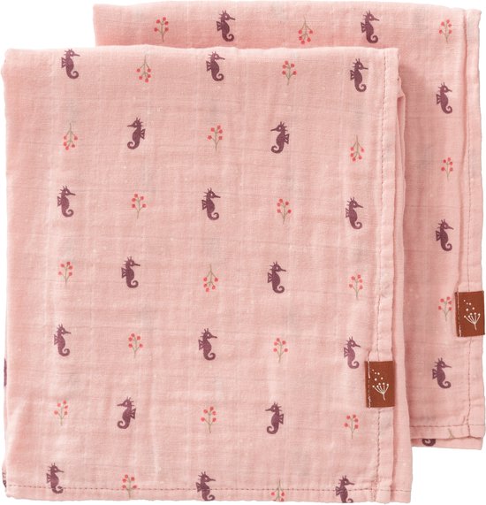 Fresk Hydrofiele Doeken Set - 60 x 70 cm - Spuugdoekjes - Babyverzorging - 2 stuks - Ademend en Absorberend - Babyspullen - Roze - Seahorse