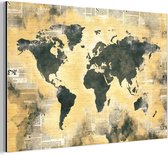 Wanddecoratie Metaal - Aluminium Schilderij Industrieel - Wereldkaart - Gouden - Kranten - 120x80 cm - Dibond - Foto op aluminium - Industriële muurdecoratie - Voor de woonkamer/slaapkamer