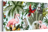 Wanddecoratie Metaal - Aluminium Schilderij Industrieel - Jungle - Dieren - Meisjes - Kinderen - Jongens - Flamingo - Papegaai - 40x20 cm - Dibond - Foto op aluminium - Industriële muurdecoratie - Voor de woonkamer/slaapkamer