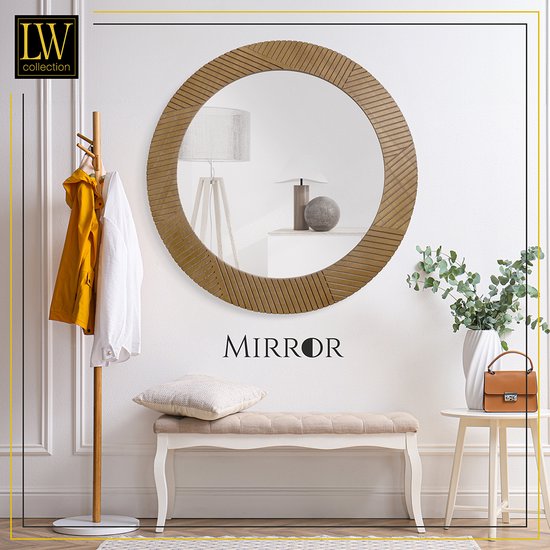 LW Collection wandspiegel bruin rond 60x60 cm hout - grote spiegel muur - industrieel - woonkamer gang - badkamerspiegel - muurspiegel slaapkamer bruine rand - hangspiegel met luxe design