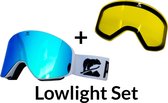 Luxe Magnetische Snowboardbril / Skibril SET - Blauwe Lens & Lowlight Lens (Slecht weer-lens) Wit Frame + Beschermcase & Microfiber hoes - PolarShred - Anti fog - Cat.3 - 100% UV Bescherming - VLT 16%