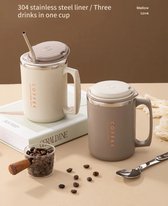 Tasse à café en acier inoxydable de Premium à Go avec cuillère et paille en acier inoxydable - Beige - 480 ml - Tasse thermos - Tasse à thé - Tasse de voyage pour Café et Thee