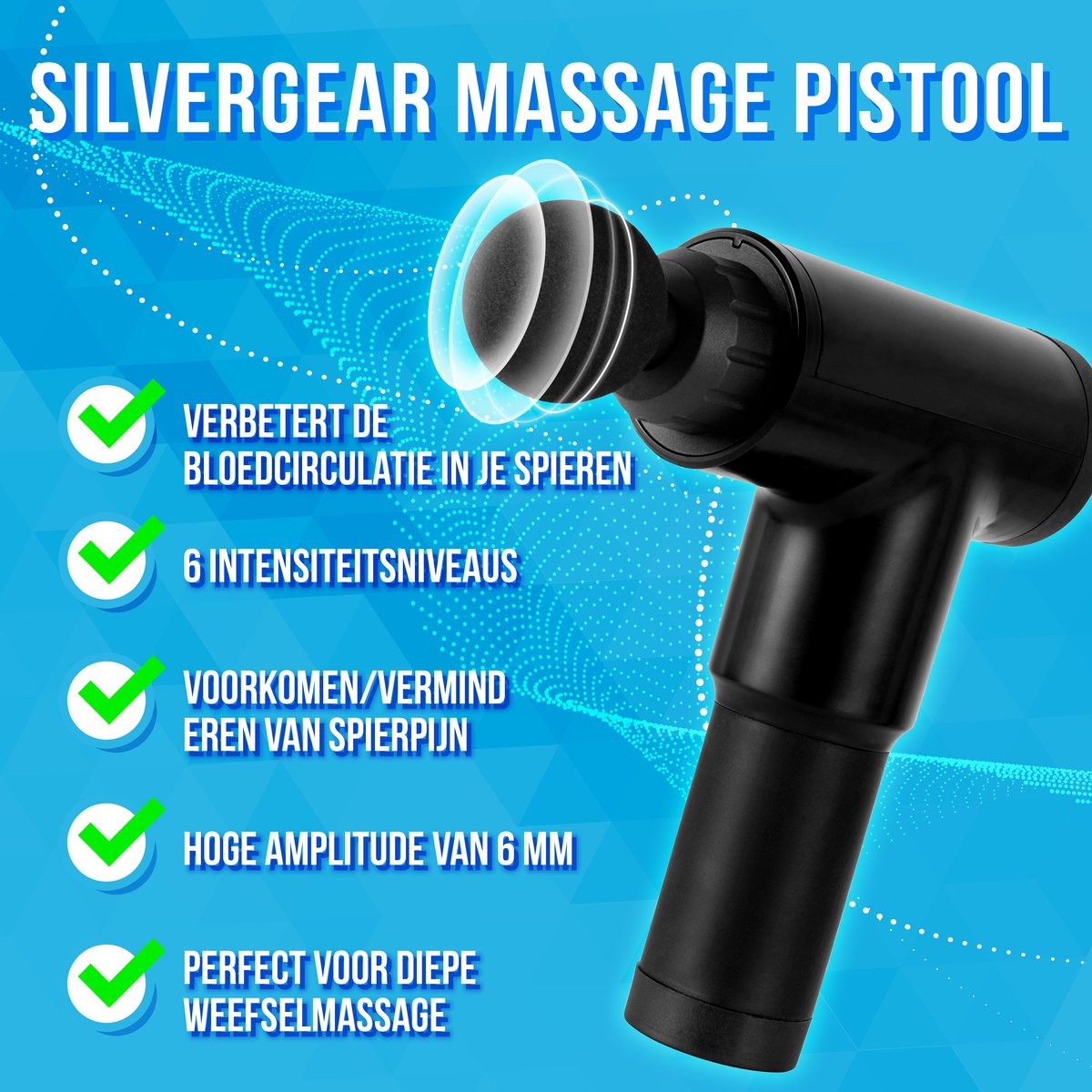 Afbeelding 2 van Massage Gun Professioneel - Massage Pistool - Massage Apparaat - Incl. 4 Opzetstukken - Draadloos & Stil - 22 x 17 x 6,9 cm - Zwart - Silvergear