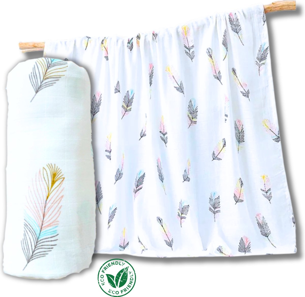 Goedkoopste Duopack 2x BoefieBoef Gekleurde Veer Wit Grote XL Hydrofiele Doek Baby - Duurzaam Eco Bamboe - Kerst en KraamCadeau - Swaddle, Inbakerdoek, Hydrofiele Luier & Babydeken - Roze Blauw Geel