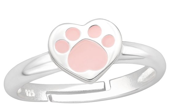 Joy|S - Zilveren hartje ring verstelbaar - kat hond dierenpoot - zilver met roze poot afdruk - voor kinderen