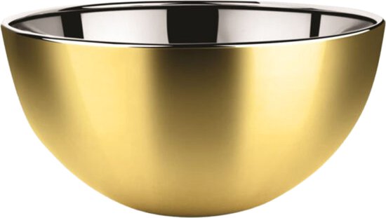 Bol de service doré avec intérieur argenté brillant sur fond blanc.