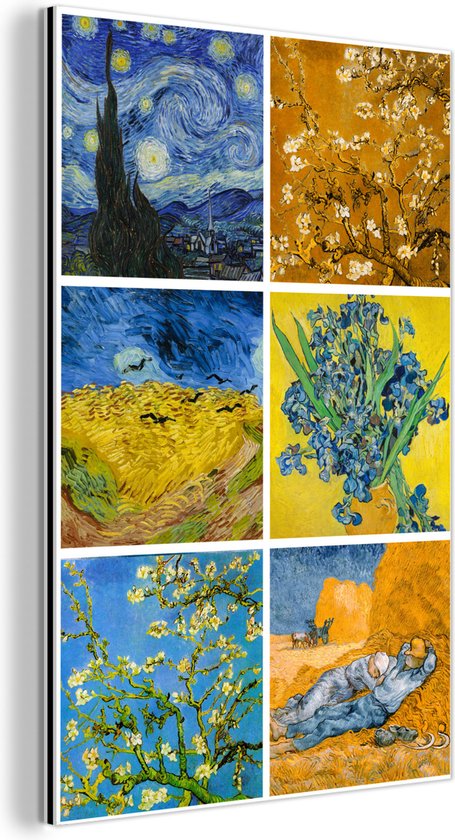 Wanddecoratie Metaal - Aluminium Schilderij Industrieel - Van Gogh - Collage - Sterrennacht - 20x30 cm - Dibond - Foto op aluminium - Industriële muurdecoratie - Voor de woonkamer/slaapkamer
