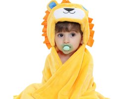 foto van BoefieBoef Leeuw 2-in-1 Fleece Badcape & Wikkeldeken voor Baby's/Peuters met Dierencapuchon: Warm, Zacht & Comfortabel - Ideaal als Kraamcadeau – Geel Blauwe Oren
