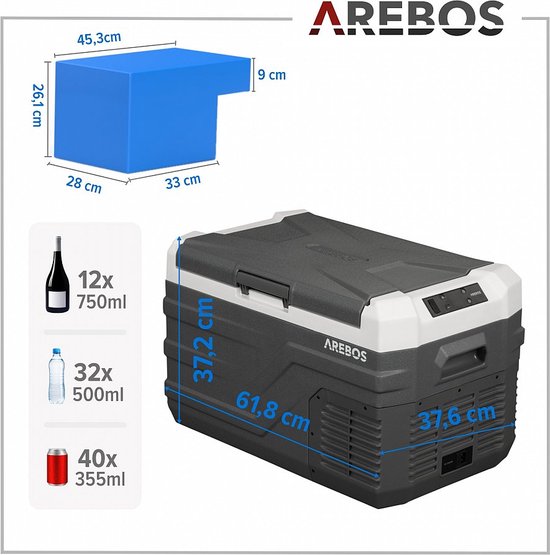AREBOS Compressor koelbox 26L elektrische auto koelkast APP vriesbox camping - Arebos