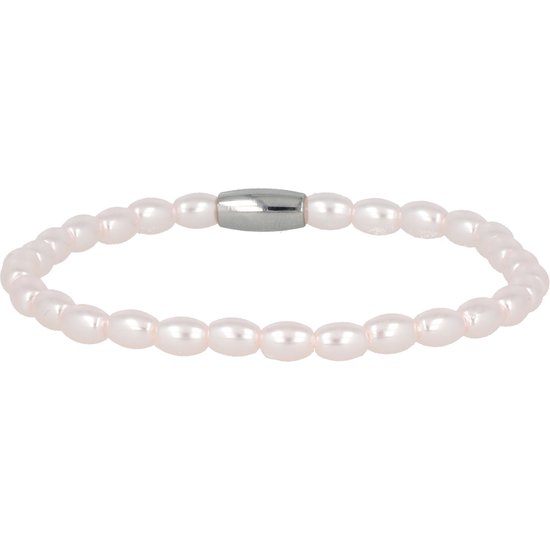 *My Bendel - Armband zilverkleurig met ovale roze parels - Zilverkleurige elastische armband met ovale roze parels - Met luxe cadeauverpakking