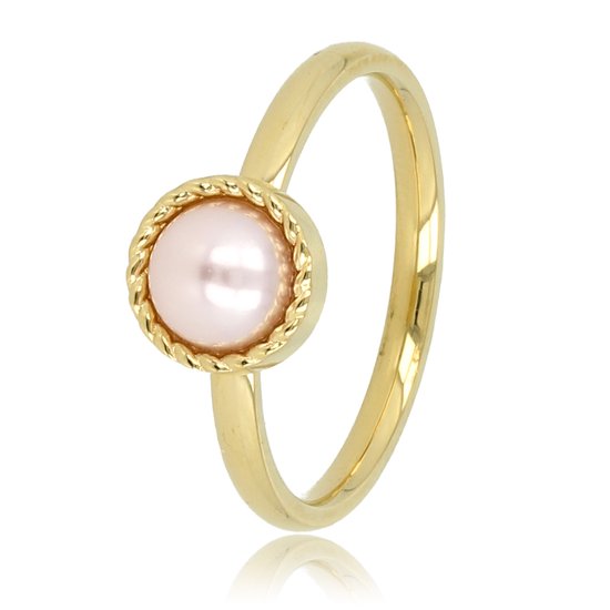 My Bendel - Ring goud met roze parel - Gouden ring met een roze parel en een getwist randje - Met luxe cadeauverpakking