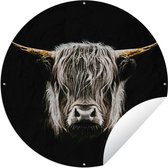 Tuincirkel Schotse hooglander - Zwart - Wit - Hoorns - 120x120 cm - Ronde Tuinposter - Buiten XXL / Groot formaat!