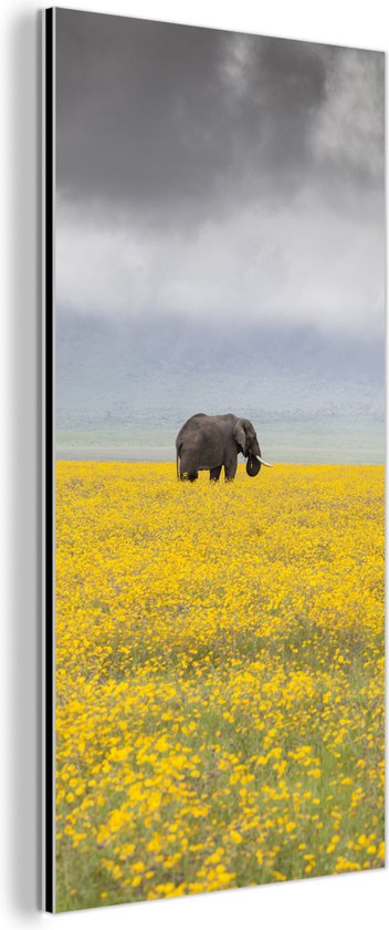 Wanddecoratie Metaal - Aluminium Schilderij Industrieel - Olifant - Bloemen - Natuur - Geel - Dieren - 20x40 cm - Dibond - Foto op aluminium - Industriële muurdecoratie - Voor de woonkamer/slaapkamer