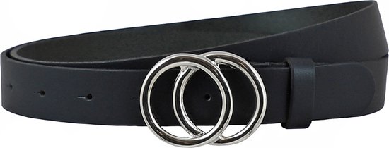 Landley Zwarte Dames Riem met Dubbele Ringen Gesp - Zilveren Ringen - 3 cm breed - Echt Leer - Zwart / Zilver - Lengte totaal 125 cm / Riemmaat 105