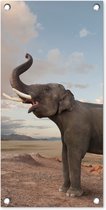 Tuinposter Trompetterende olifant in de woestijn - 30x60 cm - Tuindoek - Buitenposter