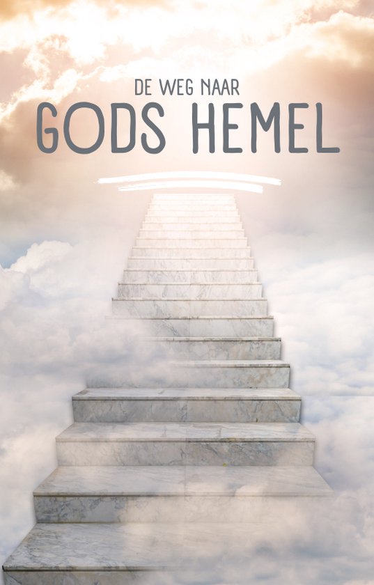 Marmeren trap die omhoog leidt door de wolken, met de tekst 'DE WEG NAAR GODS HEMEL' erboven.