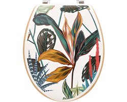 5five Toiletbril, Palawan hout + zinken klep, Tropical leaves universiel