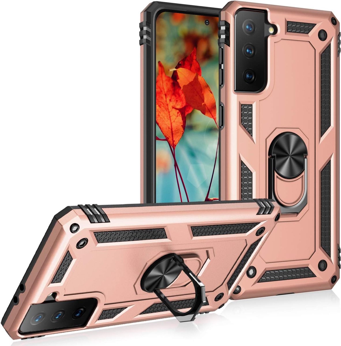 Anti-Shock Hybrid Ring Armor Hoesje Geschikt voor: Samsung Galaxy S21 FE - Rosegoud