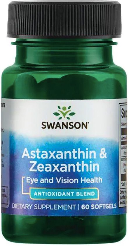 Groene capsulefles met zwart deksel, het etiket toont de tekst 'Swanson Astaxanthin & Zeaxanthin Eye and Vision Health Antioxidant Blend Dietary Supplement 60 Softgels'.