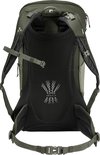 Achterkant van groene VAUDE rugzak met mesh en ventilatie.