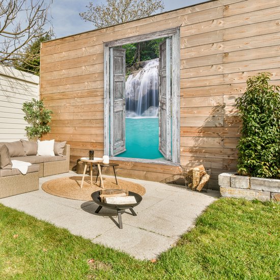 Affiche de jardin - Vue à travers - Cascade - Paysage - Arbres - Forêt tropicale - 120x180 cm - Toile de clôture - Décoration de jardin- Toile de jardin