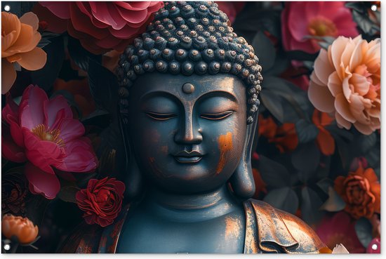 Portrait de Bouddha aux yeux fermés, entouré de fleurs rouges et oranges épanouies.