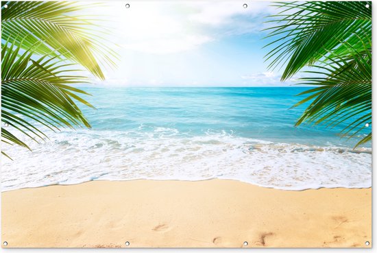 Muurdecoratie Strand - Zand - Zee - Palmboom - 180x120 cm - Tuinposter - Tuindoek - Buitenposter