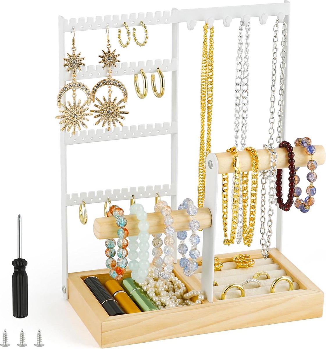 Juwelenstandaard, kettingstandaard, oorbellenstandaard, sieradenorganizer, juwelendoos, voor kettingen, oorbellen, ringen, horloges, armbanden (wit)