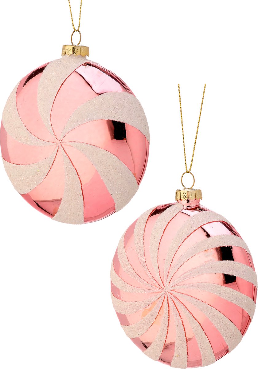 Viv! Christmas Kerstbal - Pepermunt Swirl Snoep Schijf - set van 2 - glas - roze wit - 10cm