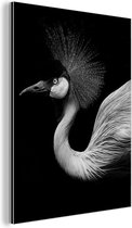 Aluminium schilderij 90x120 cm - Wanddecoratie metaal - Kraanvogel - Zwart - Wit - Vogel - Dieren - Metalen muurdecoratie woonkamer - Decoratie industrieel - Foto op dibond - Industriële accessoires slaapkamer