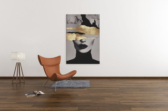 Canvas Schilderij - Abstract Vrouw - Portret - Modern - Goud - Zwart - Grijs - 150x100x2 cm
