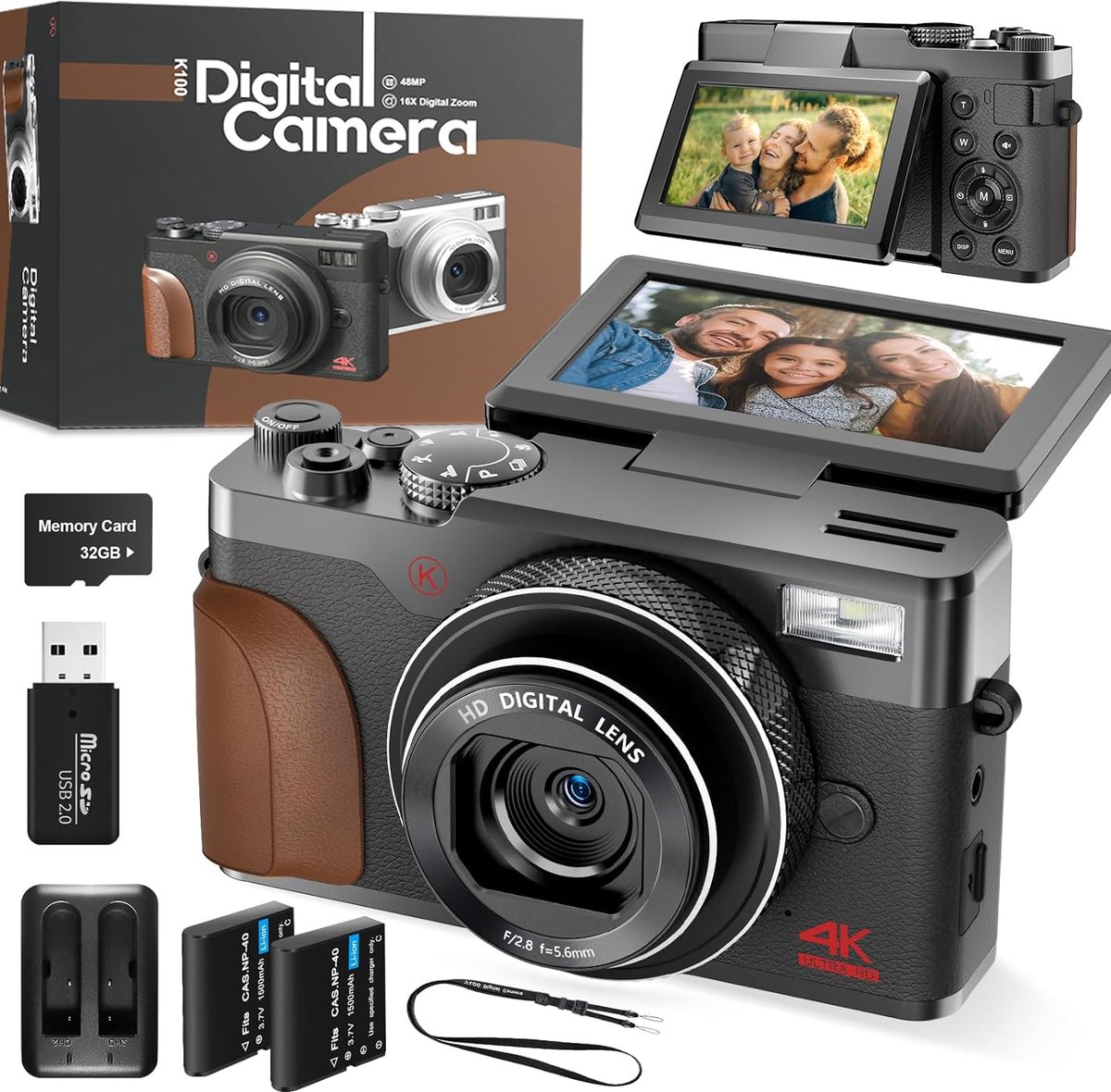 4K Digitale Camera voor Fotografie en Video, 64MP WiFi-autofocus-vlogcamera voor YouTube met 3 ''-scherm, Compacte Reiscamera Gebouwd in Flash, Timer, 1800mAh Batterij