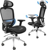 ergonomische bureaustoel, bureaustoel met verstelbare hoofdsteun 80 mm, met armleuningen lendensteun, draaistoel schommelfunctie, directiestoel van gaas, rugvriendelijk, bureaustoel 130 kg