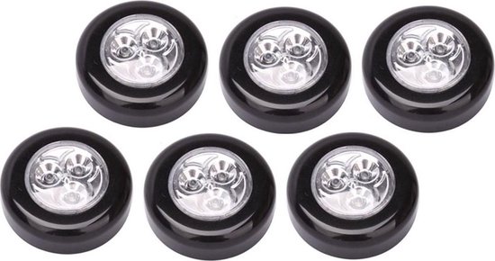Luxe Zwarte Zelfklevende LED Druklampen Set - 6 Stuks | Werkt Zonder Stopcontact | LED per Mini Spot Lamp | Push Light | Druk Lamp | Licht voor Voorraadkasten | Tenten | Auto's en Boten
