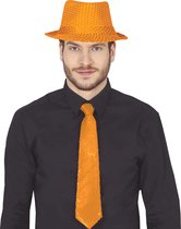 Fiestas Guirca Carnaval verkleed stropdas en hoed - oranje - pailletten - volwassenen
