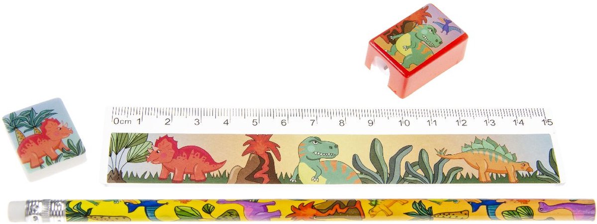 Tekenset Dinosaurus - Per set 4 Artikelen - Tekenset Voor Kinderen - Dinosaurussen - Knutselen - Kleuren - Gum - Potlood - Liniaal - Puntenslijper